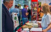 Vendor stalls at the 30th International Exhibition for Food, Beverages, and Food Raw Materials in Moscow, Russia