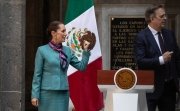 Mexico City, Mexico October 15 2024. Claudia Sheinbaum Pardo, president of Mexico at a press conference after the CEO Dialogue meeting at the National Palace. She is accompanied by Marcelo Ebrard.