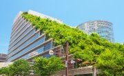 View of Acros Fukuoka on Jul 09, 2015 in Fukuoka, Japan. Acros Fukuoka is the eco-building and landmark of Fukuoka that has a green roof.