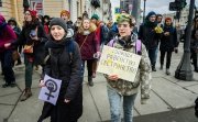 Feminist protest in St. Petersburg, March 2017. Sign reads "Freedom, Equality, Sisterhood."