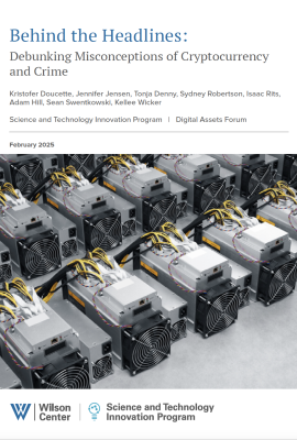 Cover page of the report: Behind the Headlines: Debunking Misconceptions of Cryptocurrency and Crime with a image of Cryptocurrency mining farm for bitcoin and altcoins mining.