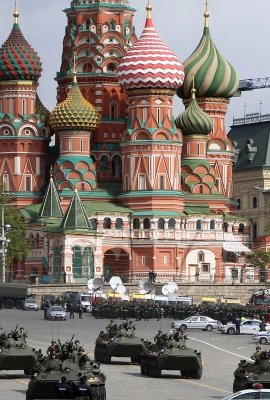 Military Parade rehearsals near St basil's cathedral in Moscow