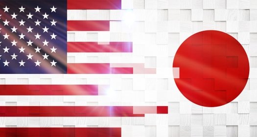 The flags of the United States and Japan merged together in the center.