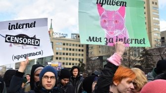 Protesters hold signs reading "Hello, We are For the Internet" during the March 2019 Internet Freedom Protests. Source: CC BY SA 4.0