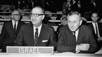 Israeli Foreign Minister Abba Eban (Left) and Permanent Representative of Israel to the UN Gideon Rafael debate during Fifth Emergency Special Session at UN, 1967. Source: UN Photo #147670