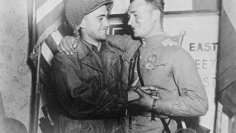 Happy 2nd Lt. William Robertson and Lt. Alexander Sylvashko, Red Army, near Torgau, Germany in April 1945. Source: US National Archives and Records Administration, #531276.