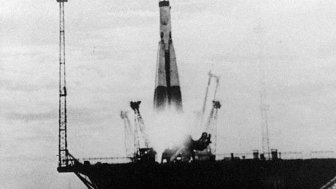 The Soviet satellite Sputnik 1 is launched aboard an ICBM on October 4, 1957.