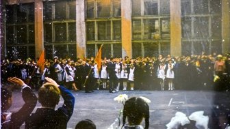 Vintage photo of a Soviet school holiday scene in Leningrad, USSR. Source: Shutterstock.