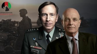 Photos of Gen. David Petraeus and Sir John Scarlett with a background of U.S. Soldiers