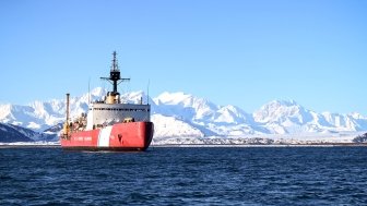 USCG Cutter Polar Star sits at anchor in Taylor Bay, Alaska during Arctic deployment