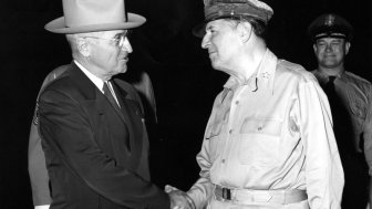 President Harry S. Truman and General Douglas MacArthur at President Truman's arrival at the Wake Island Conference, October 15, 1950.