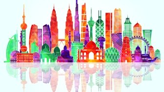 A colorful stylized skyline graphic featuring famous buildings in Asia.