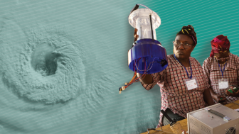 Collage with eye of a hurricane to the left of a group of women looking through supplies