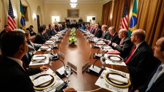 The President of Brazil, Jair Bolsonaro, during an extended meeting with the President of the USA, Donald Trump, at the White House, in Washington (USA).