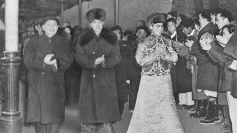 Deng Xiaoping (far left) greeting 14th Dalai Lama (centre right) and 10th Panchen Lama, 1954