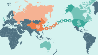 A chain connecting the United States and China with a break in the middle