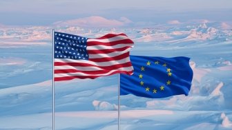 EU and US flag in front of ice