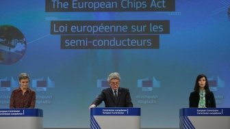 EU Commissioners Margrethe Vestager, Thierry Breton, and Mariya Gabriel giving a press conference on the European Chips Act in Brussels, Belgium on February 8 2022.