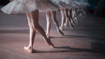 Dancers in white tutus performing swan lake