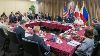 U.S. Secretary of Defense Lloyd Austin III, Australian Deputy Prime Minister and Minister for Defence Richard Marles, Japanese Minister of Defense Kihara Minoru, and Secretary of National Defense of Philippines Gilbert Teodoro conduct a multilateral meeting at U.S. Indo-Pacific Command headquarters, Camp H.M. Smith, Hawaii, May 2, 2024. 