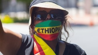 Protester gathers outside the Ethiopian Embassy in Washington, D.C.