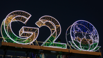 G20 logo installed on a pedestrian bridge outside the main venue of the upcoming G20 Summit