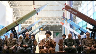 Supreme Leader Ayatollah Ali Khamenei pictured at a 2023 weapons exhibition