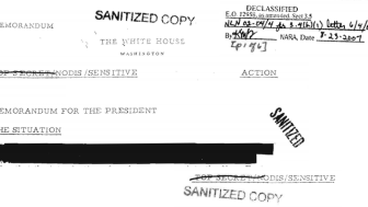 A collage of classification markings, declassification tags, and redacted information derived from a US government record