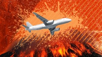 Illustration of a plane flying over an exploding volcano