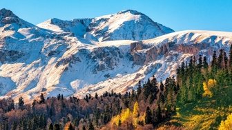 Snow covered mountains with fall forest