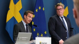 Sweden’s Prime Minister Ulf Kristersson and Minister of Justice Gunnar Strömmer giving a press briefing on Sweden's handling of the recent Quran desecrations in Stockholm, Sweden on August 1 2023.