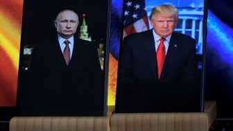 Photos of Putin and Trump with Ukrainian Flag in Background