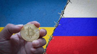 Russian and Ukrainian flags and Bitcoin