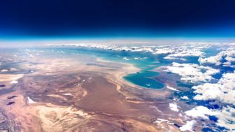 High altitude aerial landscape of the Aral Sea.