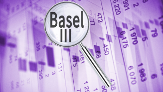 Magnifying lens over words 'Basel III,' with financial data in the background.