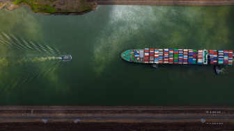 Aerial view of container ship in Panama Canal