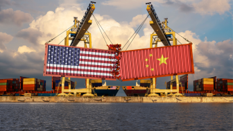 Shipping containers with the US and Chinese flag collide