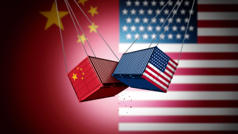 Shipping containers with the US and Chinese flag collide