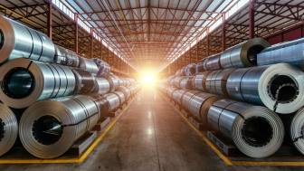 Rolls of steel sheets line a factory with a sunburst at the end