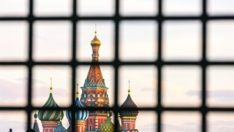 Picture of St. Basil's Cathedral behind bars