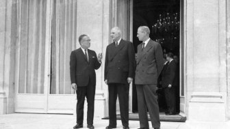 UN Secretary-General, U Thant (left), during his visit to Elysee Palace for discussions with President Charles de Gaulle (centre) and Minister of Foreign Affairs Maurice Couve de Murville (right).