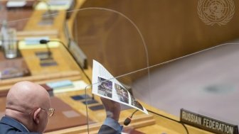 Vassily Nebenzia, Permanent Representative of the Russian Federation to the United Nations, addresses the Security Council meeting on threats to international peace and security. 