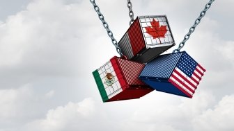 US Mexico And Canada Tariff War as a Mexican Canadian and American trade dispute as cargo containers in conflict as an economic fight over import and exports concept as a 3D illustration