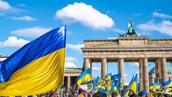 Ukrainian flags in front of the Brandenberg Gate in Berlin