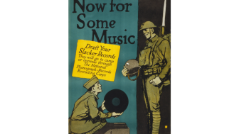 Poster by Charles Buckles, World War I soldier about to play a record, titled 'Now for some music', by Charles Buckles, ca 1917.