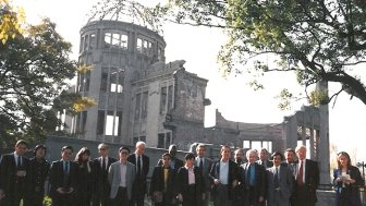 Members of the Programme for Promoting Nuclear Nonproliferation (PPNN) at the A-Bomb Dome, Hiroshima Peace Memorial Park, Japan, 1992.