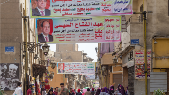 Banners supporting current Egyptian president Abdel-Fattah El-Sisi for a second term for the presidential elections at crowded Al Moez Street, Gamalia district