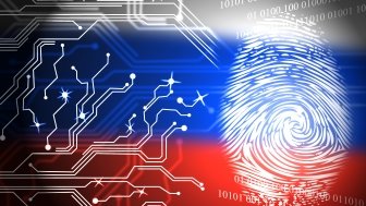 The Russian flag with a fingerprint transposed over the top