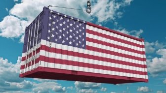 Container with flag of the United States of America. American import or export related conceptual 3D rendering