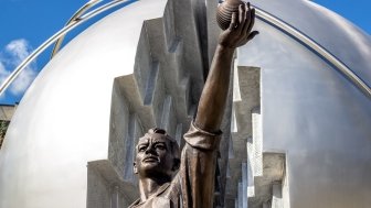 Obninsk, Russia - September 2016: Monument to the Pioneers of Nuclear Energy. Scientist goes out of the atom